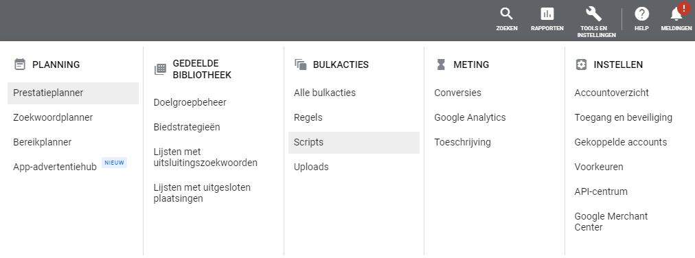 Google ads scripts instellingen voorbeeld